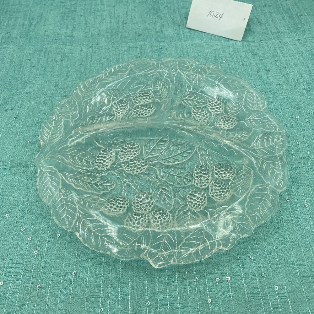 Fenton Clear Glass Blackberry Leaf Pattern Collectible 9" Divided (3 Comp)Dish